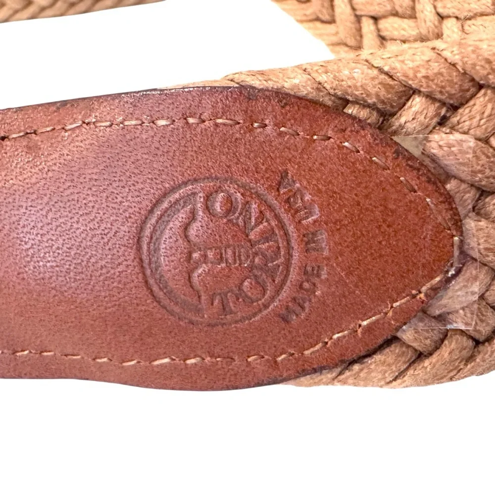 TORINO Braided Stretch Belt Men’s 38 Tan w/Brown Leather Trim Made In USA Brass